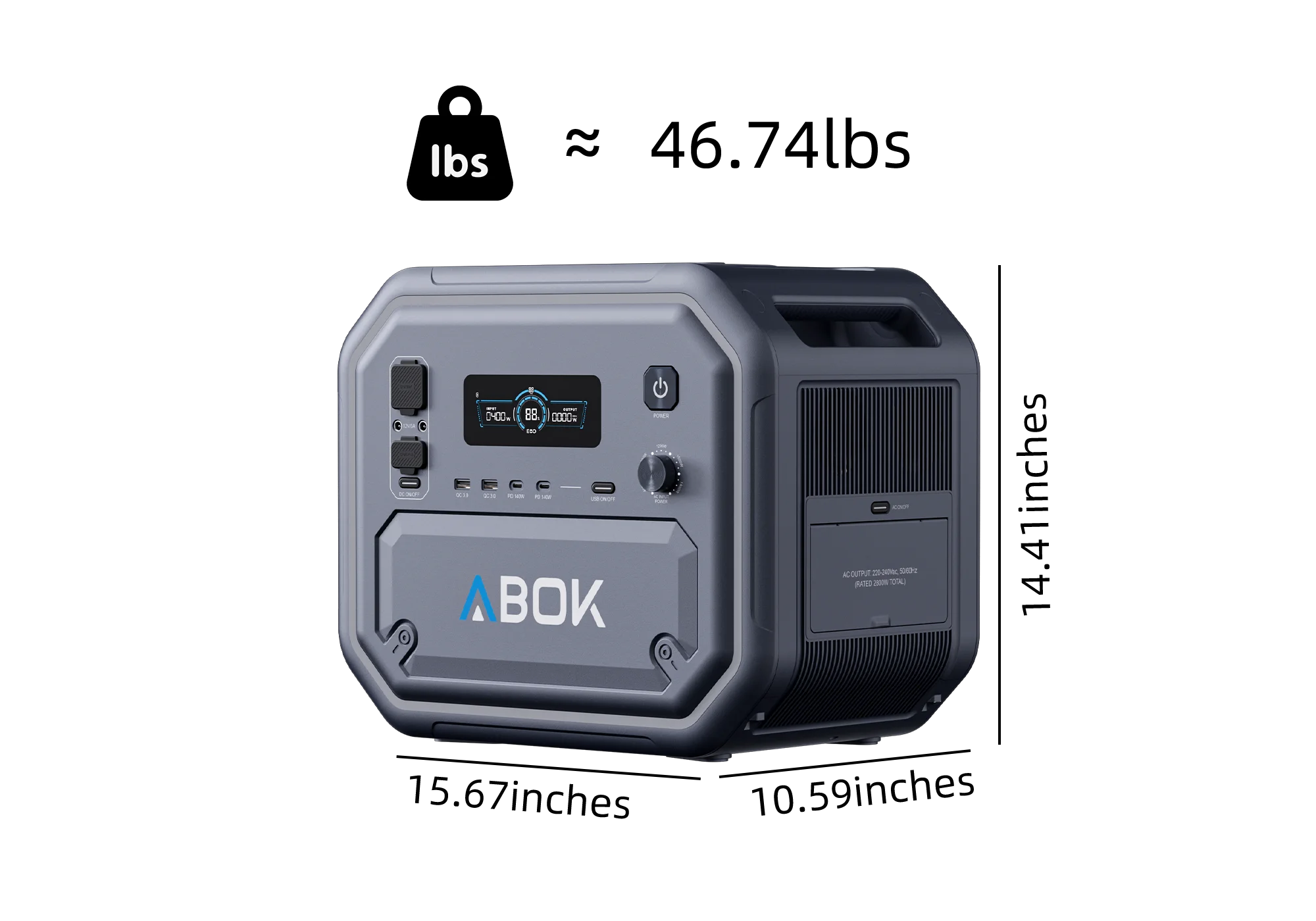 ABOK Ark2800 EU-spec portable power station weight graphic with an angled product view.