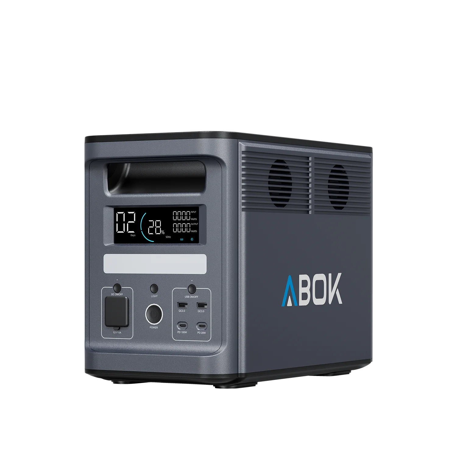ABOK Ark2000 EU-spec portable power station in an angled front view showing the display, DC ports, USB ports, and side fans.