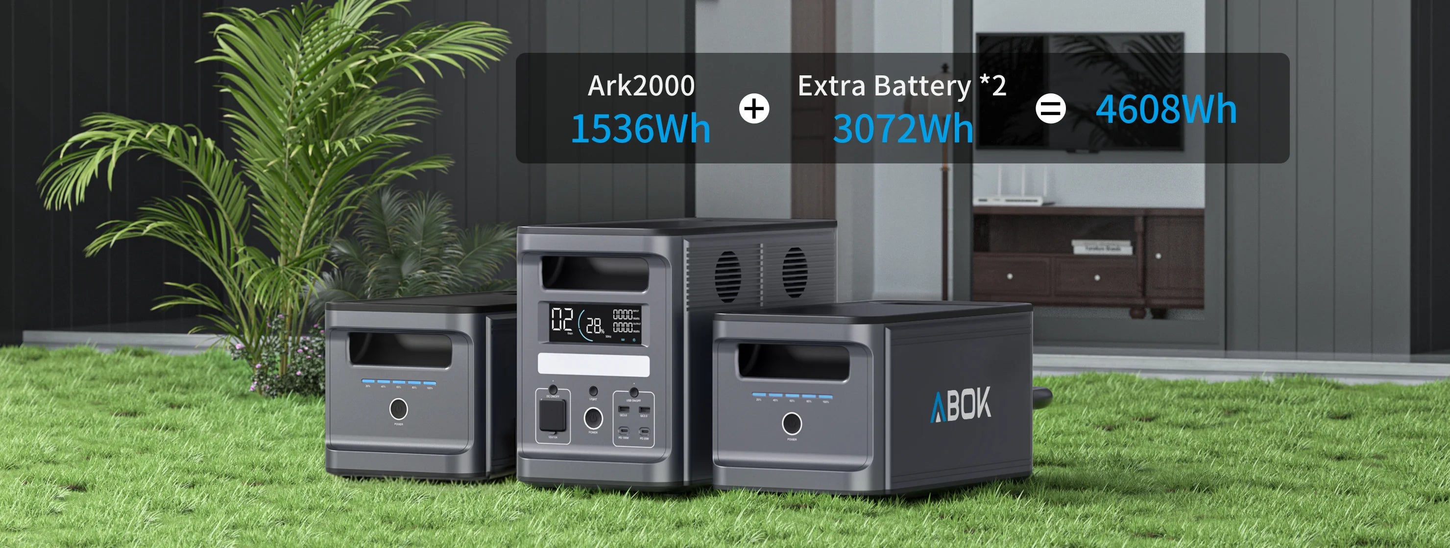 ABOK Ark2000 wide capacity graphic showing the 1536Wh power station with two extra batteries for 4608Wh total.