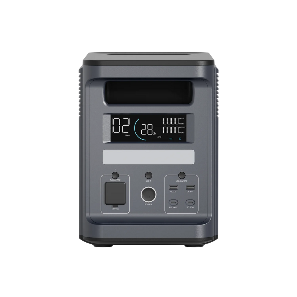 ABOK Ark2000 EU-spec portable power station in a straight front view showing its handle, display, controls, and USB ports.