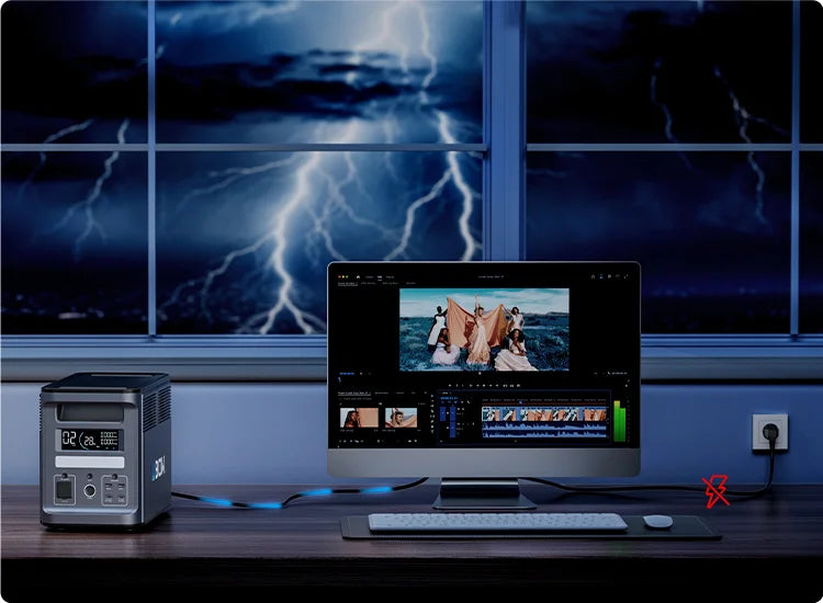 ABOK Ark2000 mobile UPS backup scene powering a desktop computer during a storm and utility outage.