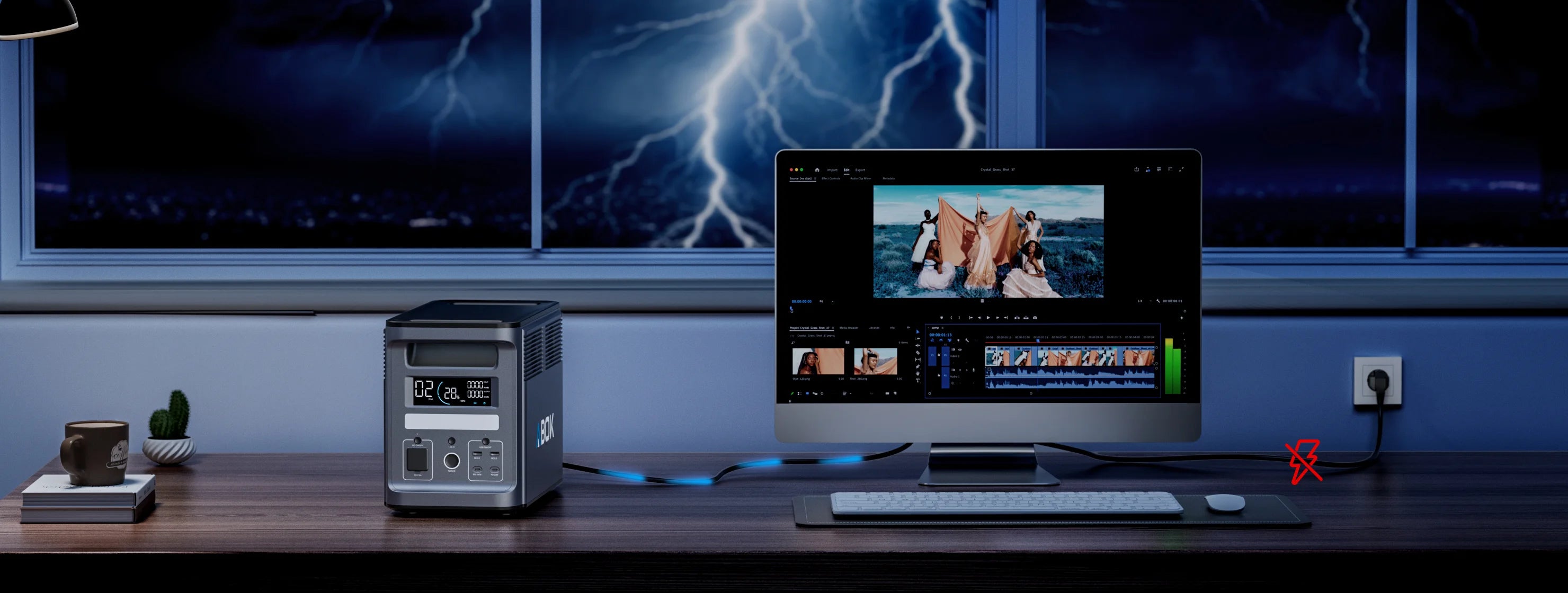 ABOK Ark2000 wide UPS backup scene powering a desktop computer during a storm and utility outage.
