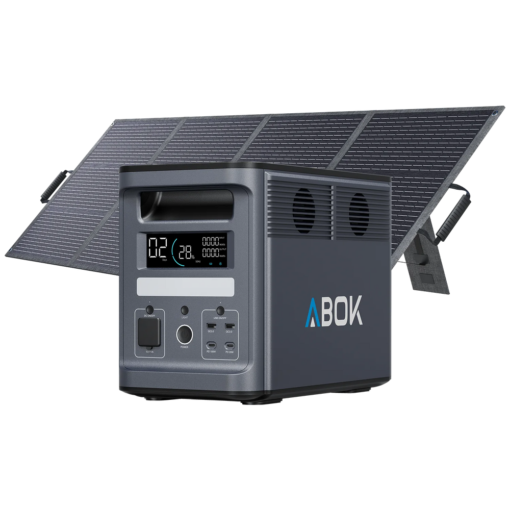 ABOK Ark2000 EU-spec portable power station shown with a 200W foldable solar panel.