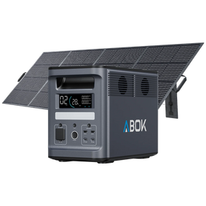 ABOK Ark2000 EU-spec portable power station shown with a 400W foldable solar panel.