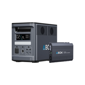 ABOK Ark2000 EU-spec portable power station shown with an ABOK DC-DC battery charger.