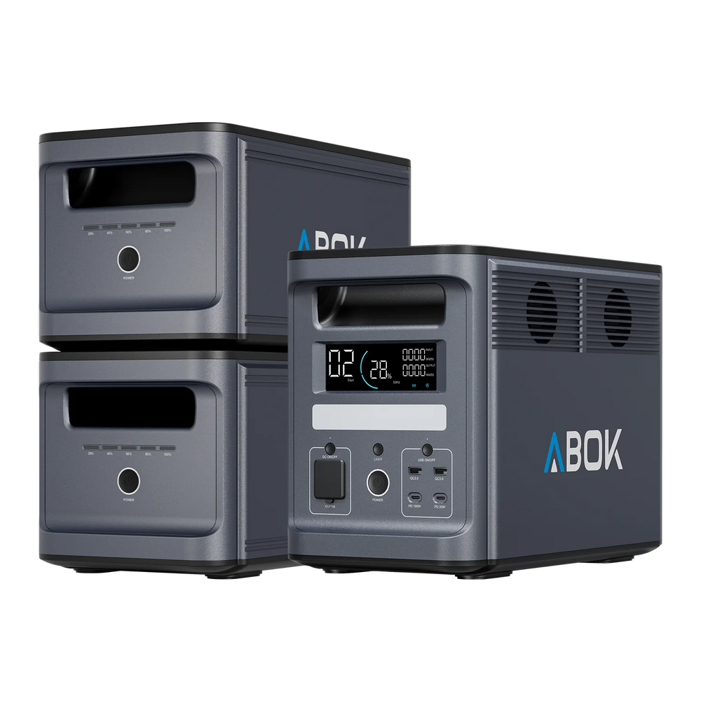 ABOK Ark2000 EU-spec portable power station with two matching Ark2000E extra batteries for expanded capacity.