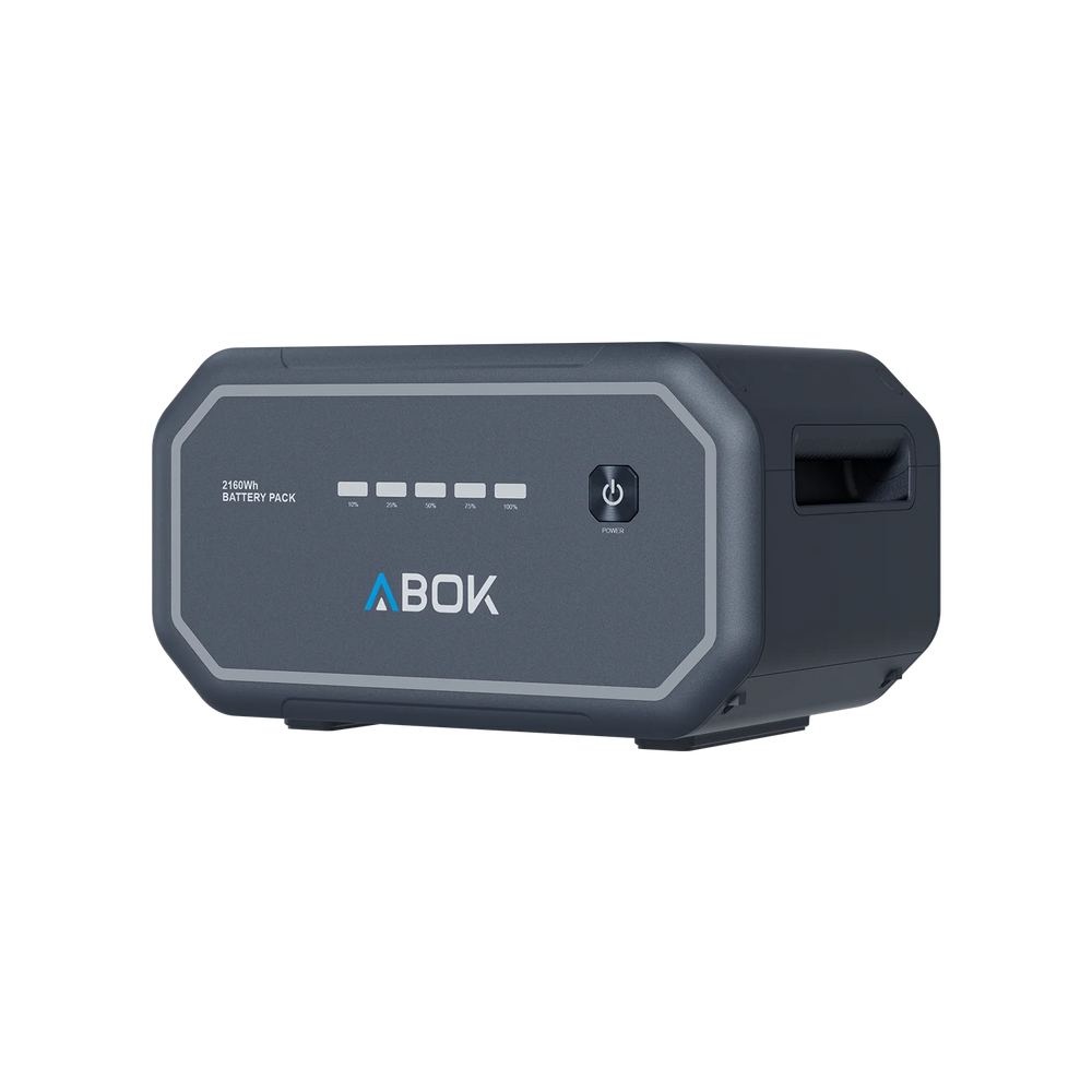 ABOK Ark2500 angled view of the 2160Wh extra battery with level indicators and power button