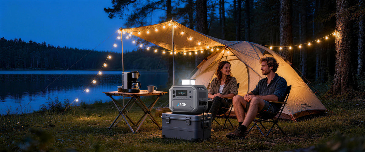 ABOK Ark2500 portable power station with its LED light raised at a lakeside campsite at night.