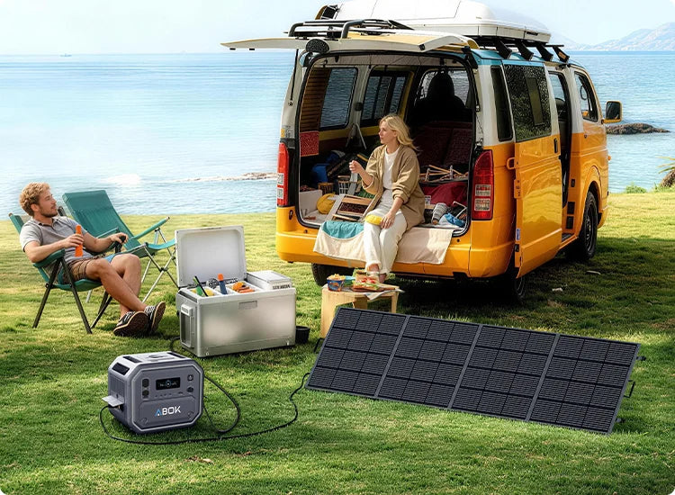 ABOK Ark2800 mobile campsite scene with a camper van and the power station connected to a foldable solar panel.