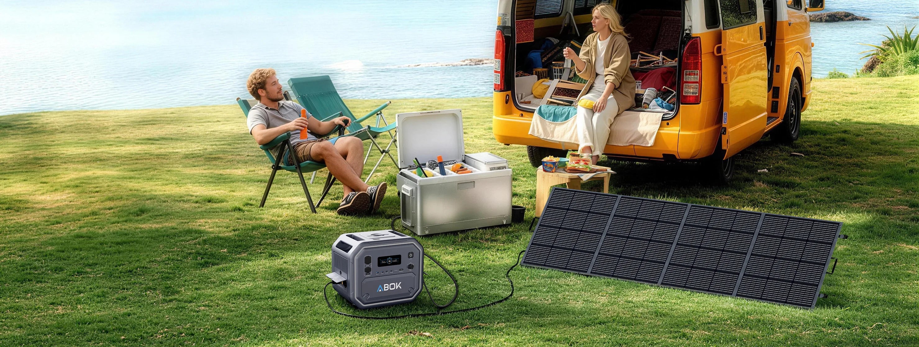 ABOK Ark2800 wide campsite scene with a camper van and the power station connected to a foldable solar panel.