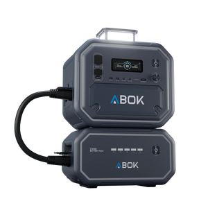 ABOK Ark2800 EU-spec portable power station connected to its matching 2160Wh extra battery.