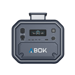 ABOK Ark2800 EU-spec portable power station in a straight front view showing the display, DC ports, and USB ports.