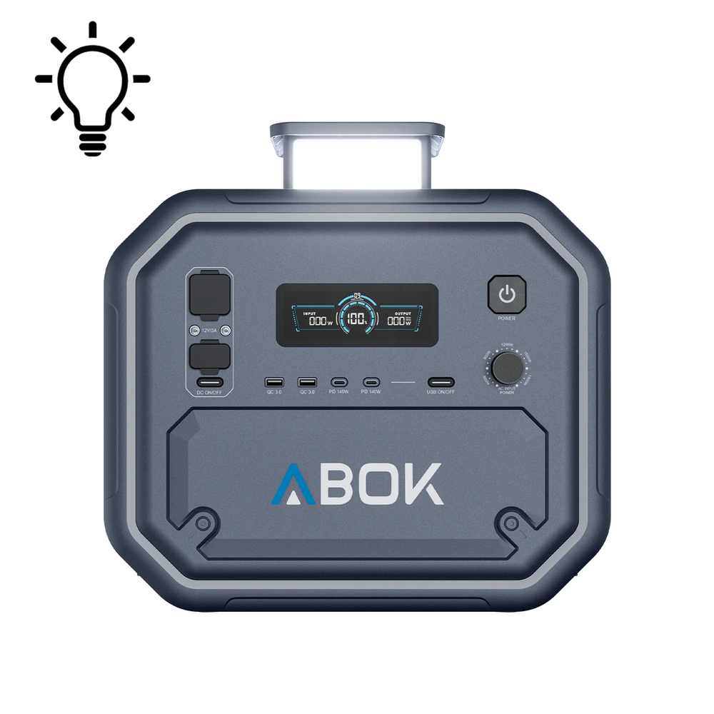 ABOK Ark2800 EU-spec portable power station in a front view with the retractable LED light illuminated.