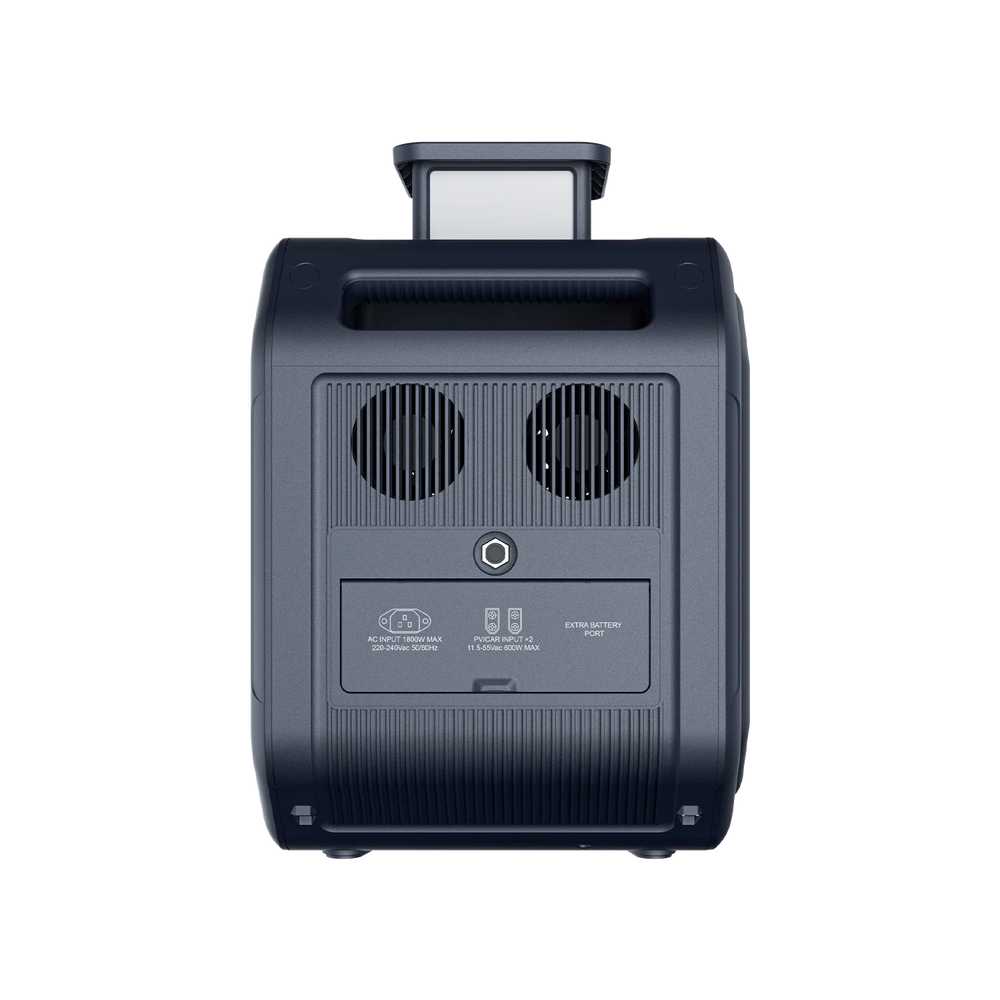 ABOK Ark2800 EU-spec rear view showing dual cooling fans, AC and solar inputs, and the extra battery port.