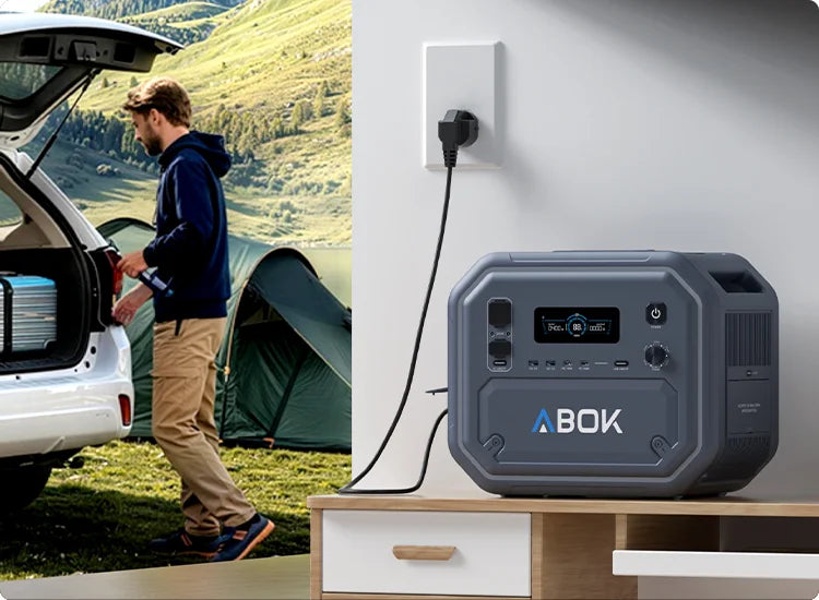 ABOK Ark2800 mobile split scene showing travel beside a campsite and the power station charging from a wall outlet.