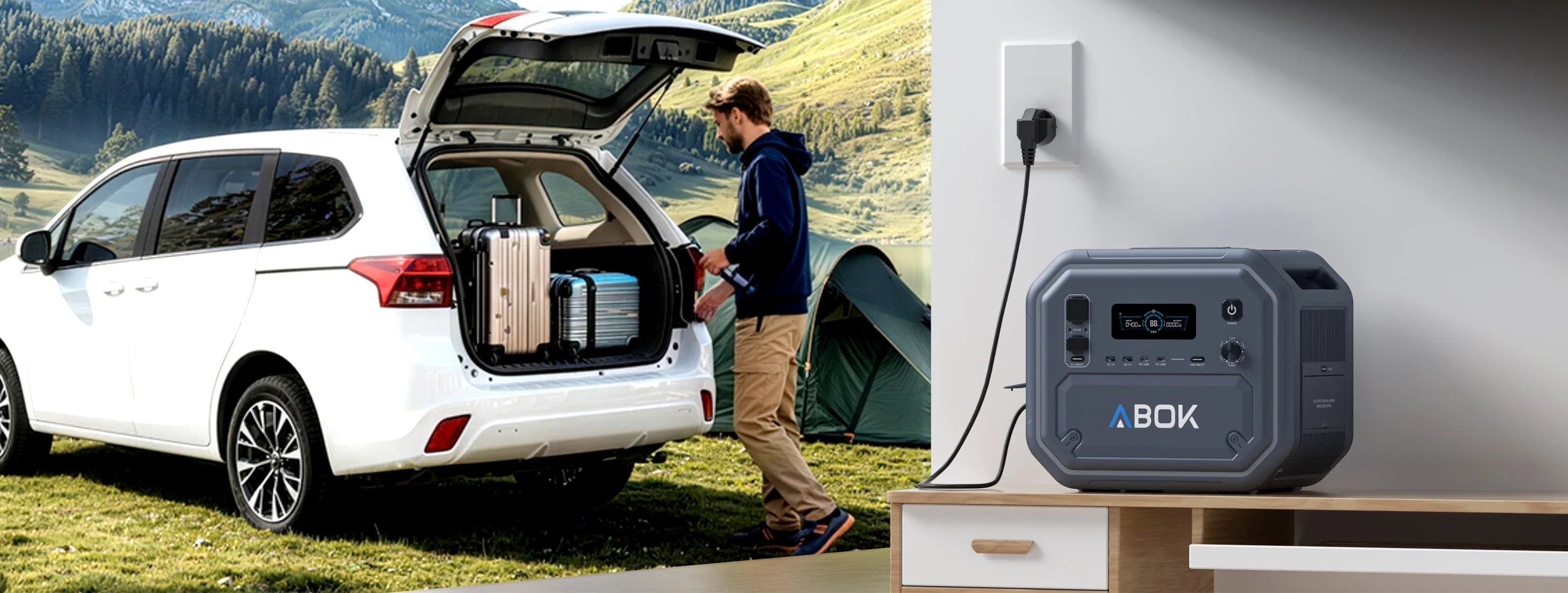 ABOK Ark2800 wide split scene showing travel beside a campsite and the power station charging from a wall outlet.