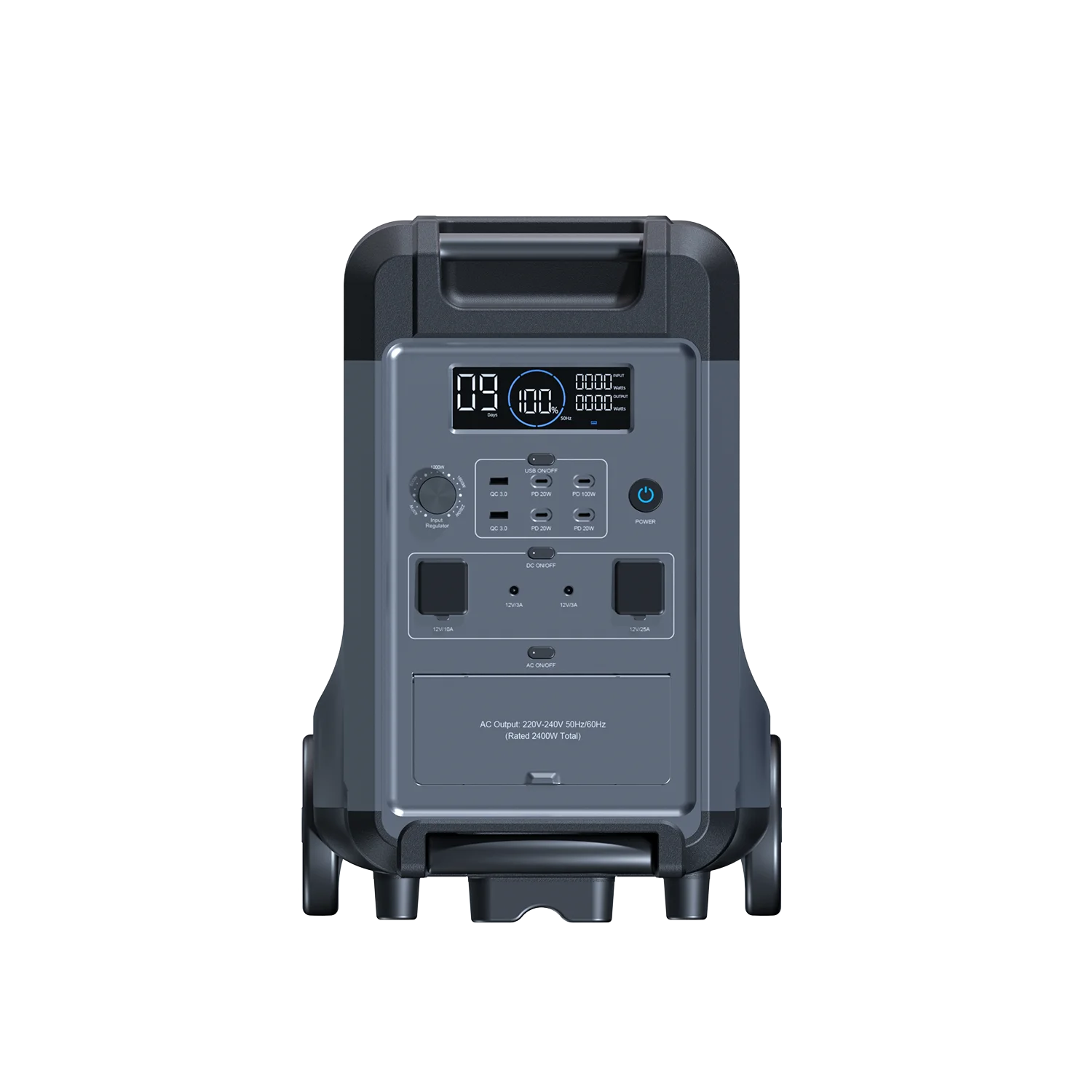 ABOK Ark3600 EU-spec portable power station in a straight front view showing its display, controls, and AC outlets.