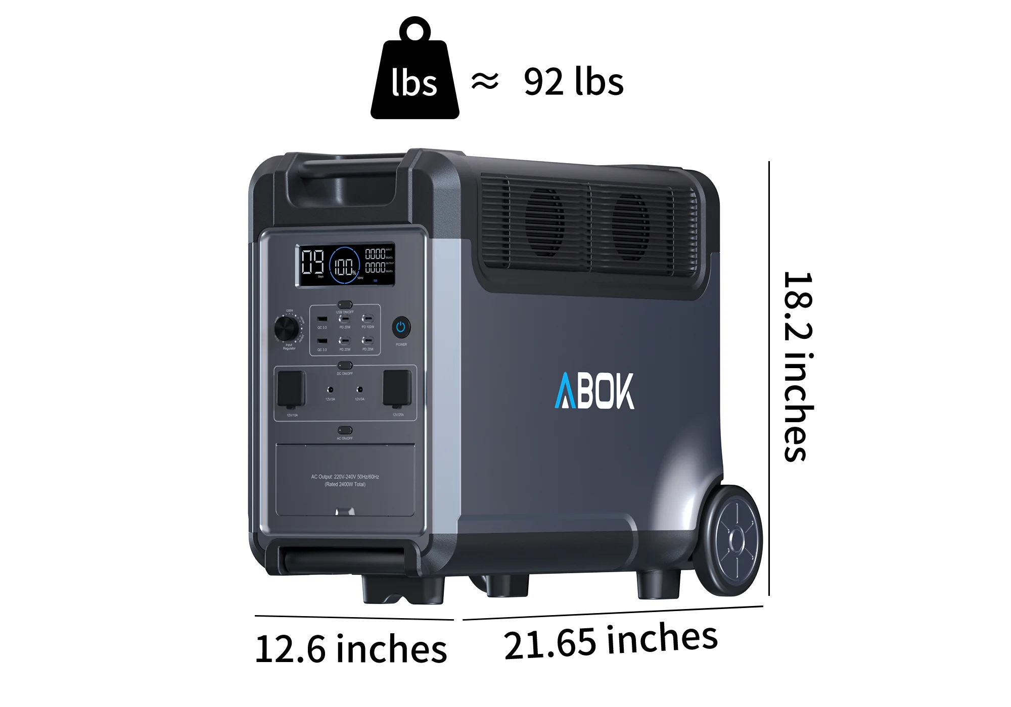 ABOK Ark3600 EU-spec portable power station weight graphic with an angled product view.