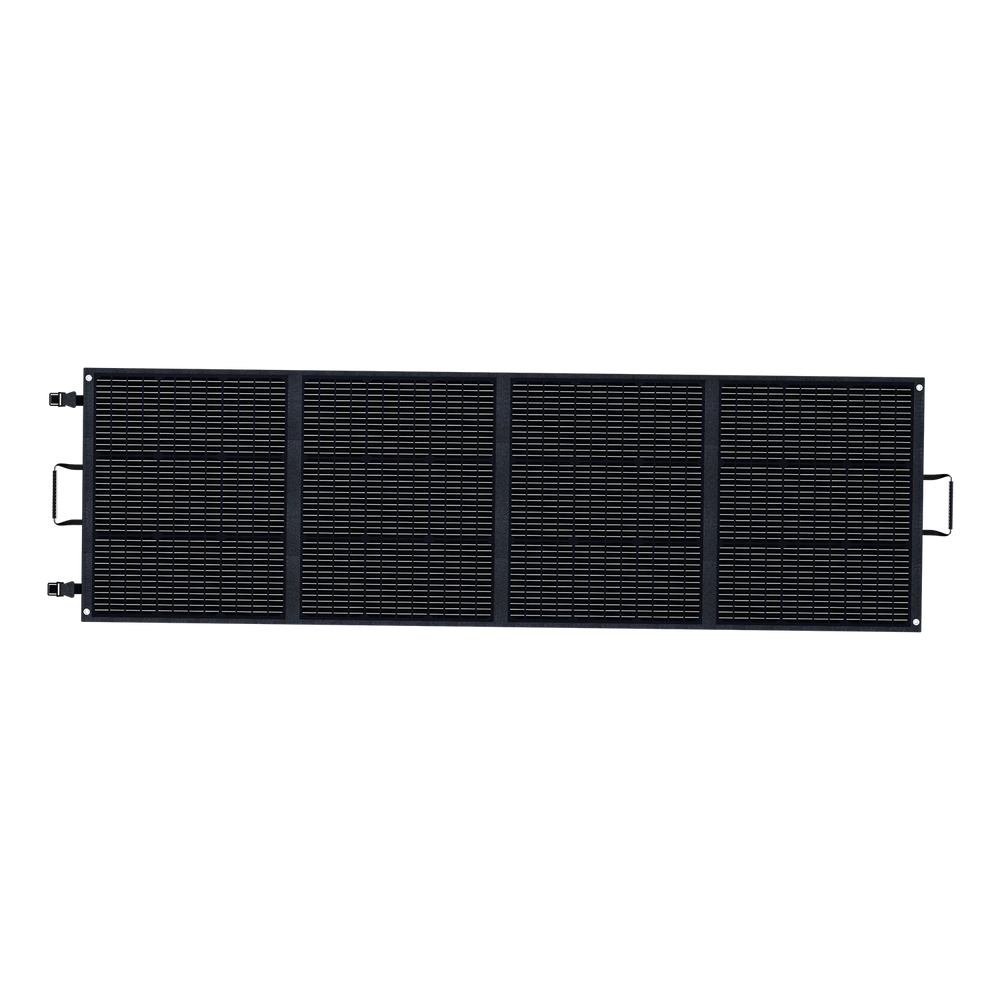 ABOK ASP200 foldable 200W solar panel shown fully unfolded in a straight front view.