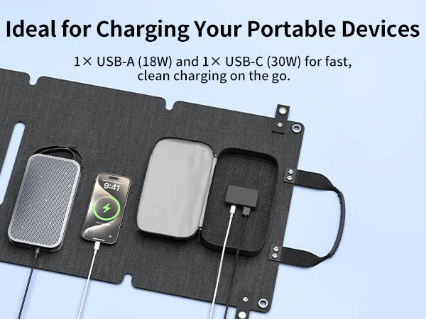 ABOK ASP45 45W portable solar panel mobile graphic charging a phone and other devices by USB.