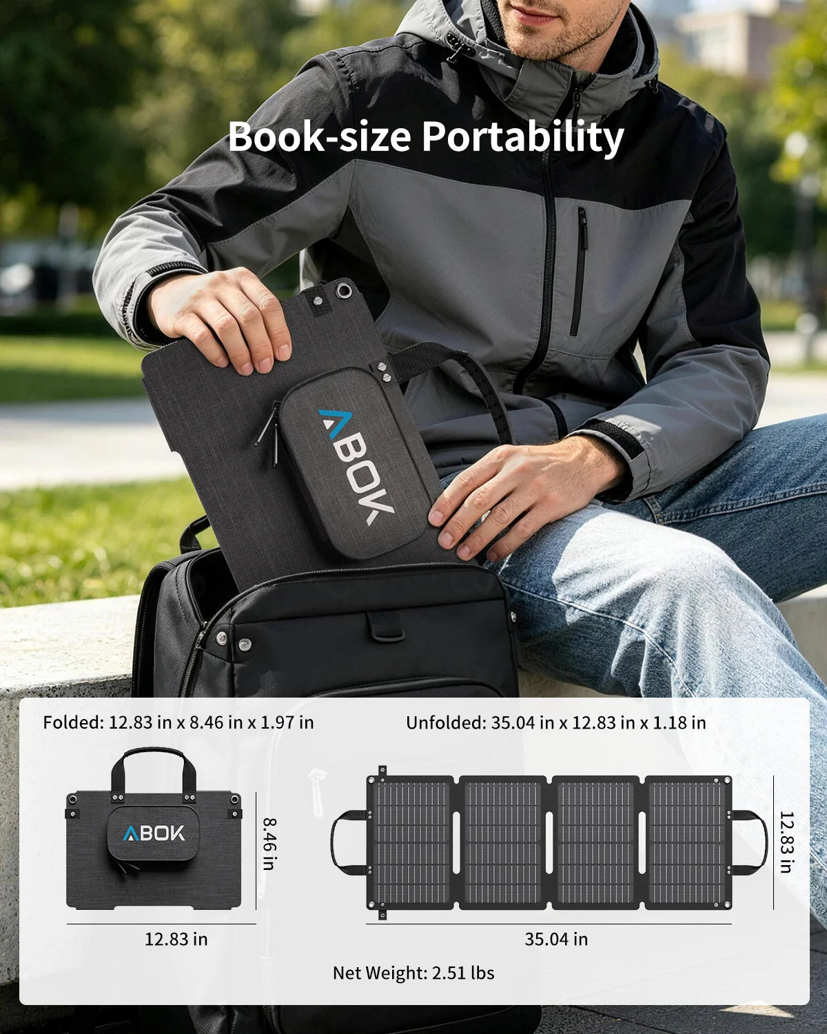 ABOK ASP45 45W portable solar panel folded for a backpack with weight and dimensions shown.