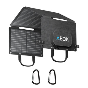 ABOK ASP45 45W portable solar panel shown half folded with storage pouch and two carabiners.