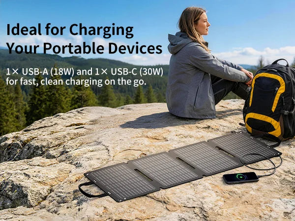 ABOK ASP45 45W portable solar panel mobile hiking scene with USB-A and USB-C phone charging.
