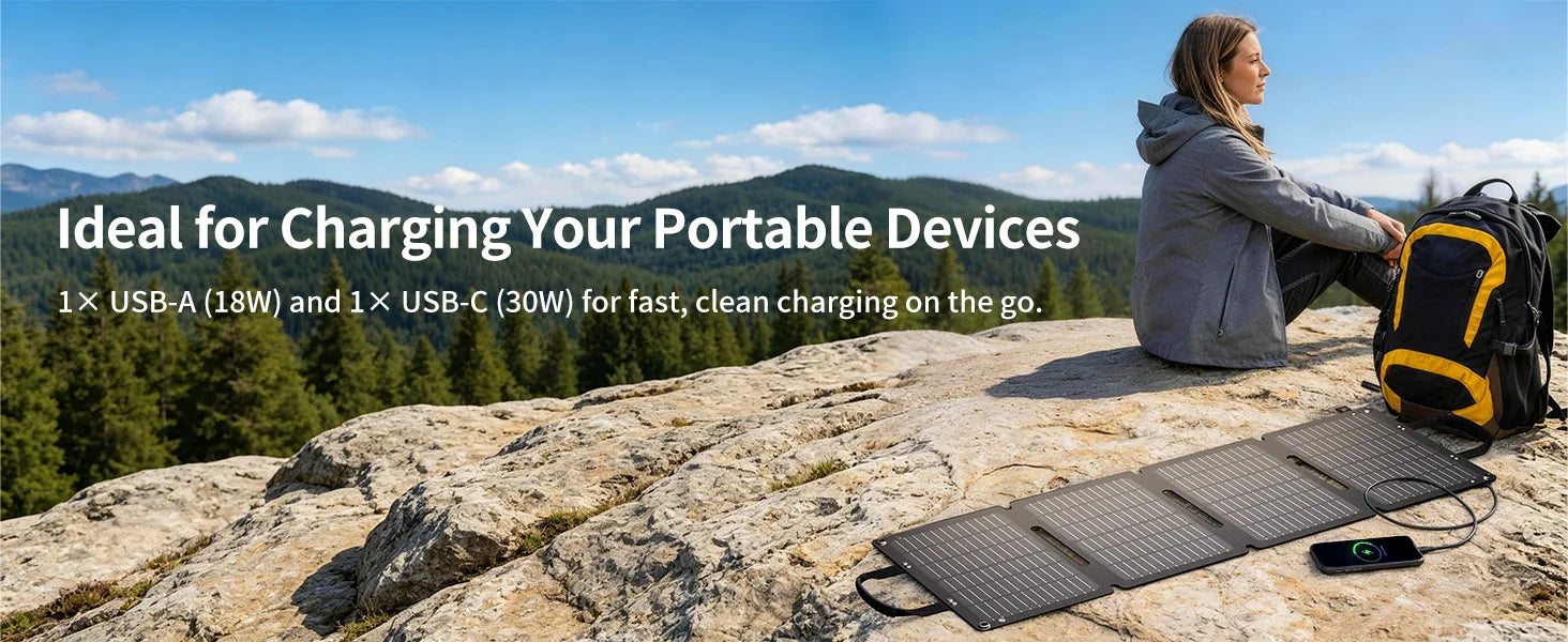ABOK ASP45 45W portable solar panel wide hiking scene with USB-A and USB-C phone charging.