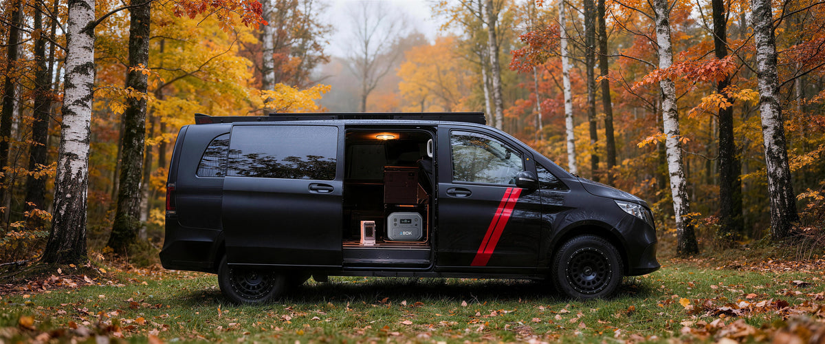 Black camper van with an ABOK portable power station visible through its open sliding door, parked in an autumn forest.