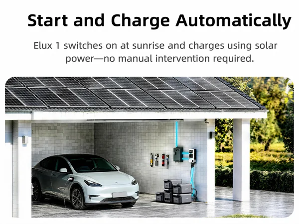 ABOK Elux 1 EU-spec mobile home solar setup illustrating automatic charging at sunrise.