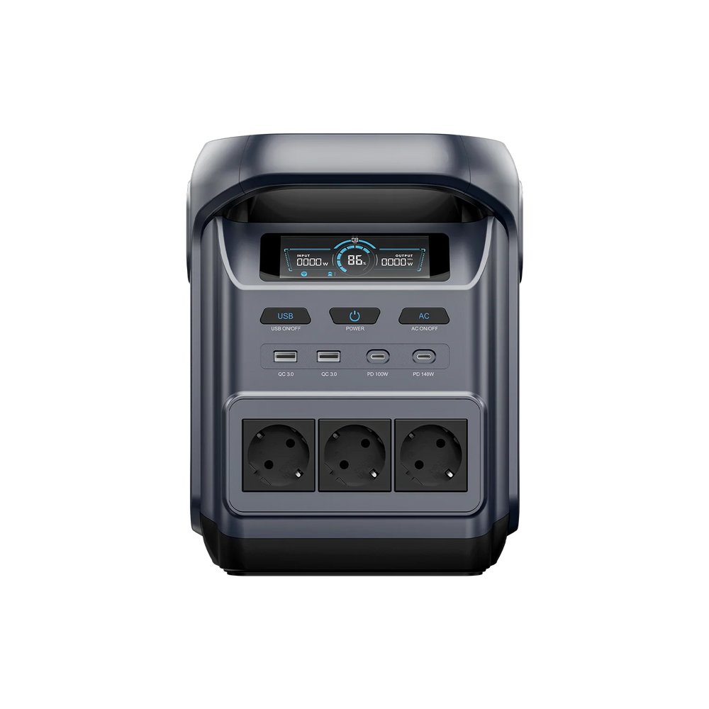ABOK Elux 1 EU-spec portable power station shown from the front with three AC outlets.