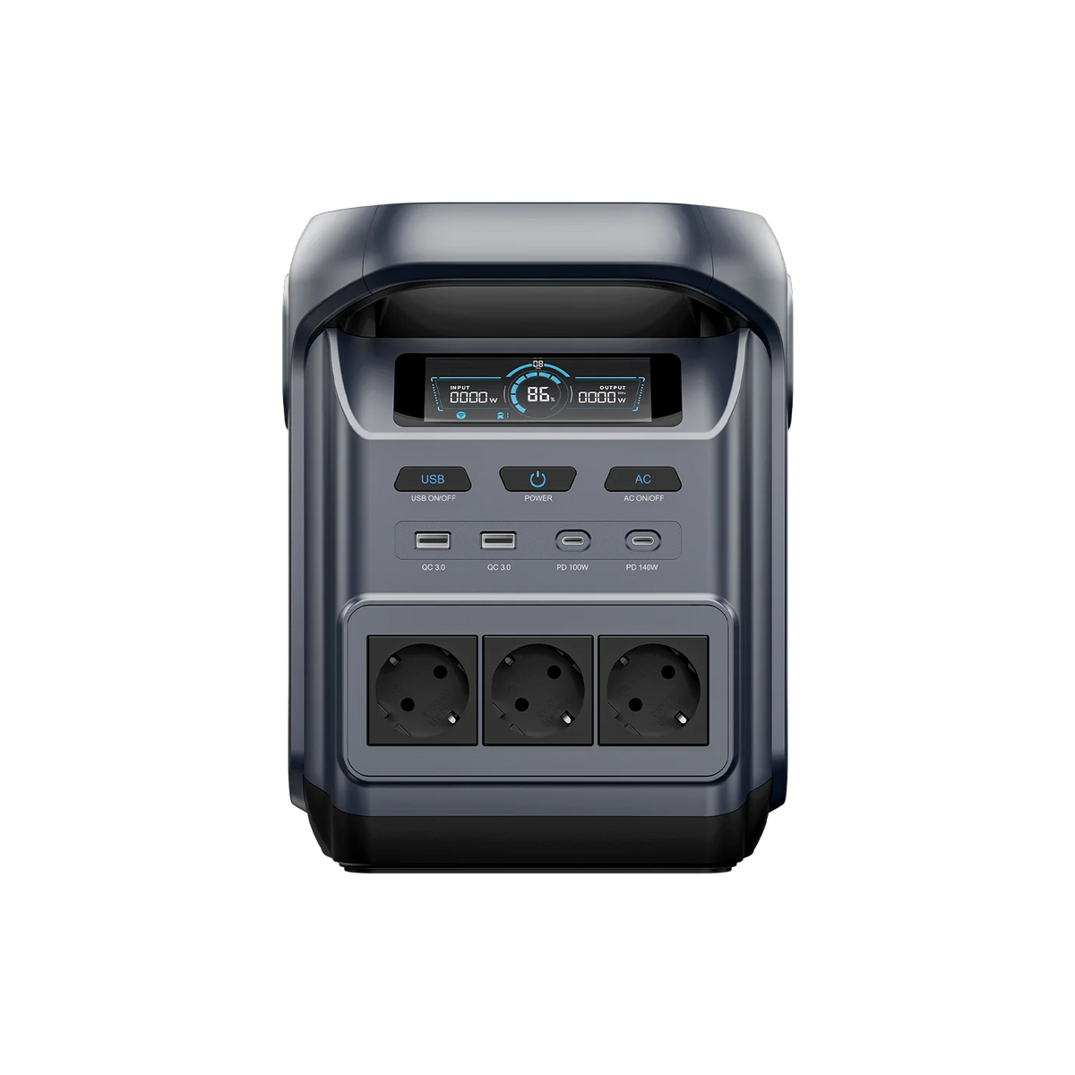 ABOK Elux 1 EU-spec portable power station shown from the front with three AC outlets.