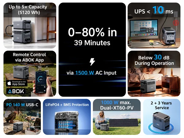 ABOK Elux 1 EU-spec mobile infographic showing capacity, fast charging, UPS, app and solar features.