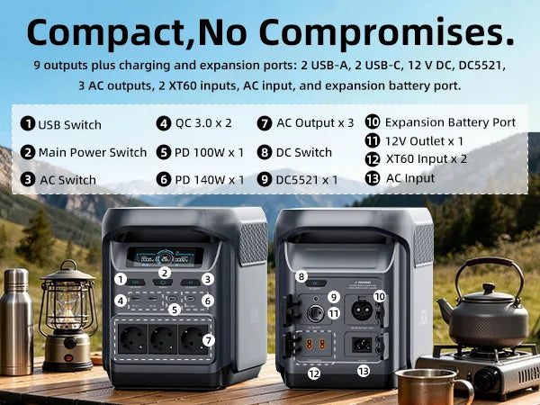 ABOK Elux 1 EU-spec mobile infographic identifying AC, USB, DC, XT60 and battery expansion ports.