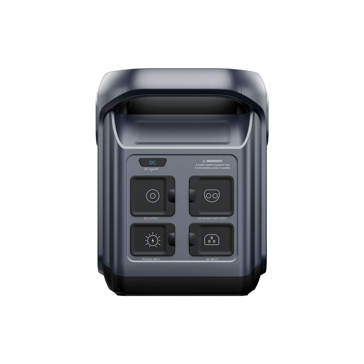 ABOK Elux 1 EU-spec rear view showing charging inputs, DC outputs and expansion battery port.