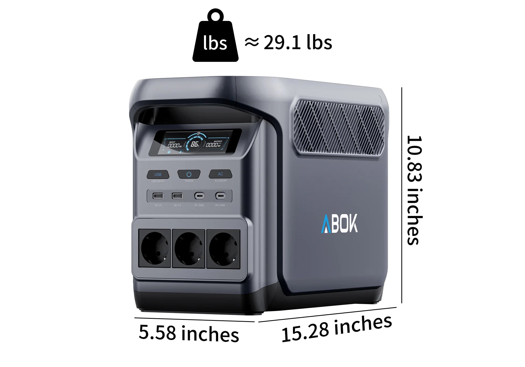 ABOK Elux 1 EU-spec weight and dimensions graphic for the portable power station.