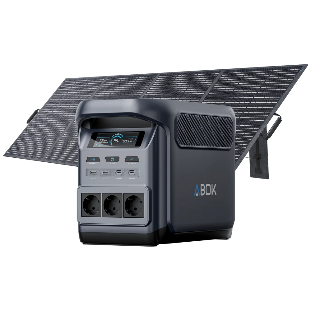 ABOK Elux 1 EU-spec portable power station displayed with a 400W foldable solar panel.